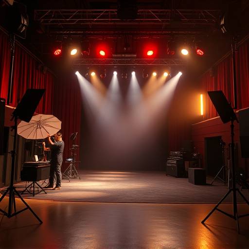 A state-of-the-art sound stage studio located in the heart of Hollywood, equipped with advanced lighting and sound capabilities.