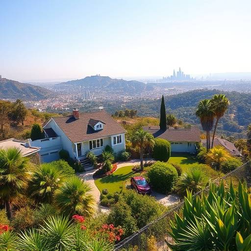 Charming Hollywood Hills bungalow with lush gardens and a panoramic view of the Los Angeles skyline.