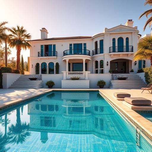 Exterior shot of a luxurious Hollywood mansion with a swimming pool.