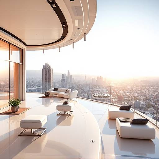 Futuristic penthouse apartment in Beverly Hills with sleek modern design and an expansive balcony overlooking the city.