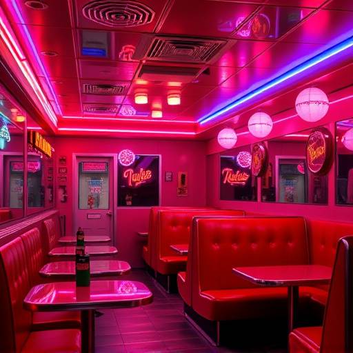 Interior of a retro vintage diner with neon lights and red booths.