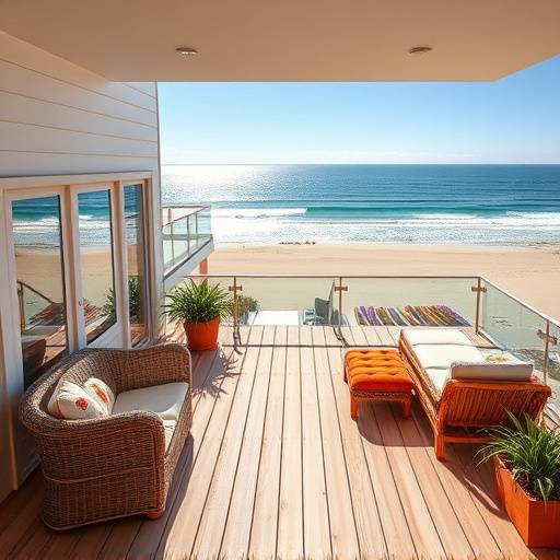 Oceanfront beach house in Santa Monica with direct beach access, a spacious deck, and blue ocean views.