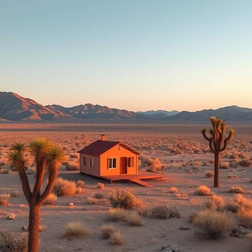 Vast desert landscape with a lone house in Joshua Tree.