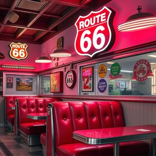 Vintage diner on Route 66 with retro decor, red vinyl booths, and a neon sign, evoking the spirit of the American highway.